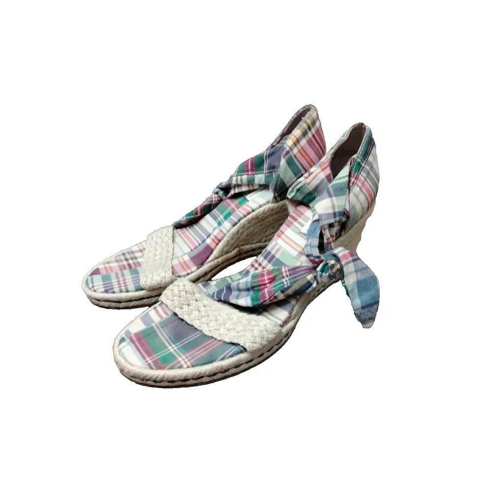 Tommy Hilfiger Womens Espadrille Wedge Sandals Plaid‎ Ankle Tie Open Toe Size 9M